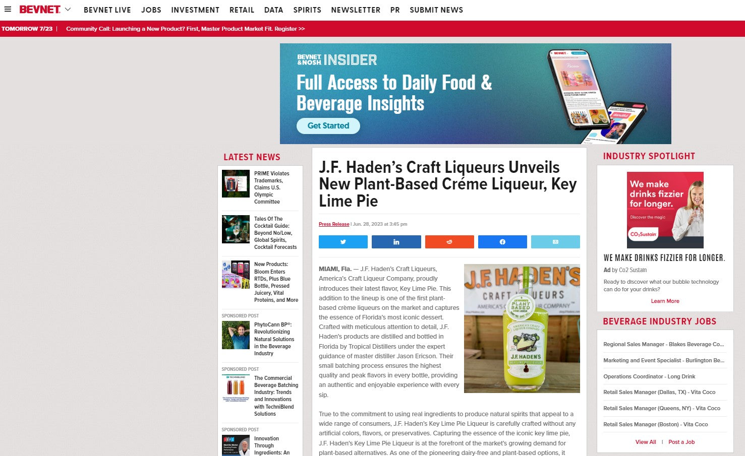 J.F. Haden’s Craft Liqueurs Unveils New Plant-Based Créme Liqueur, Key Lime Pie
