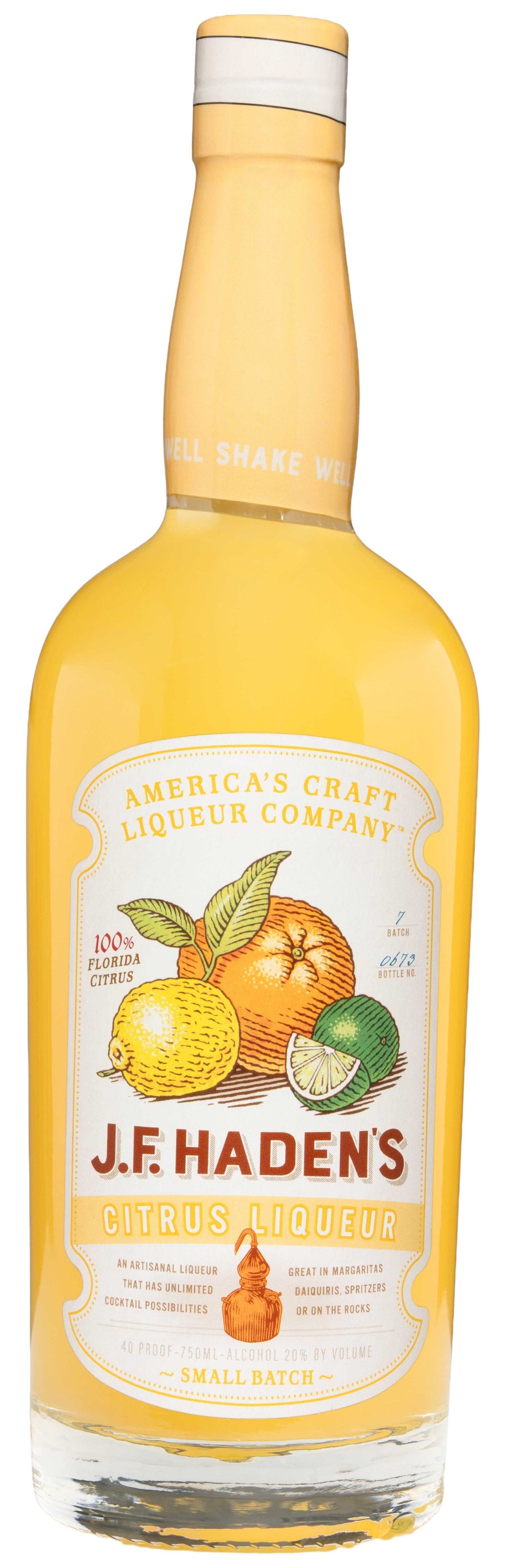 J.F. Haden's Citrus Liqueur bottle showcasing vibrant citrus flavors of lemon, lime, and orange