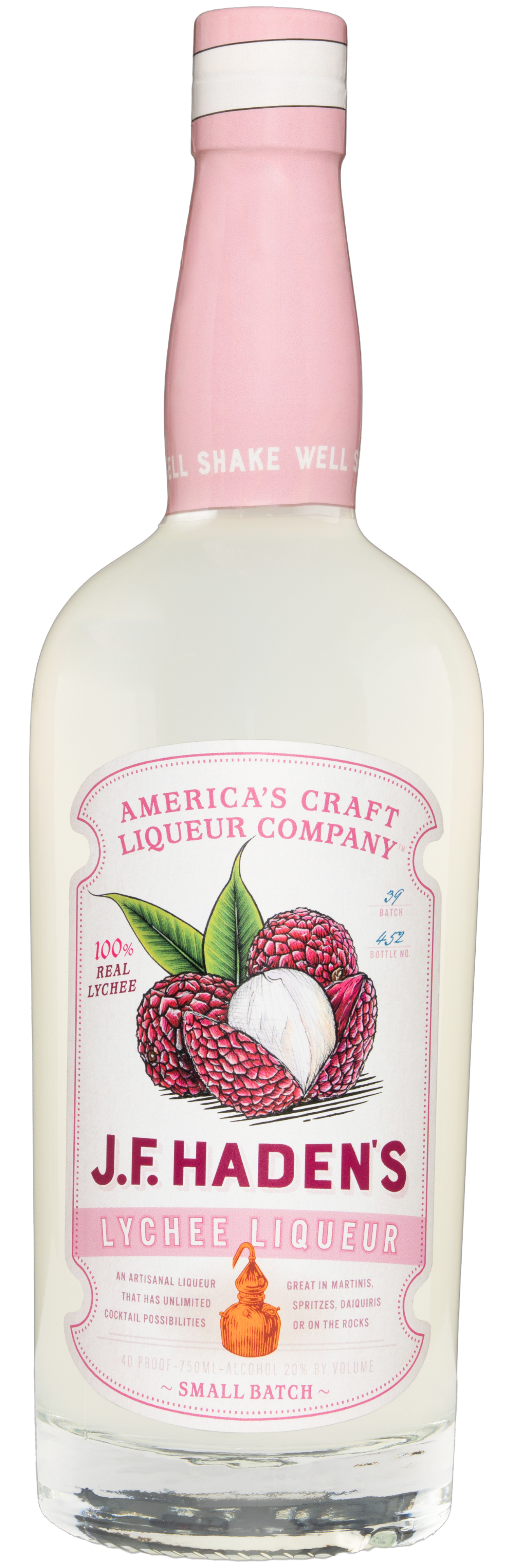 Bottle of J.F. Haden's Lychee Liqueur with lychee fruit and floral design, showcasing a tropical and exotic cocktail ingredient