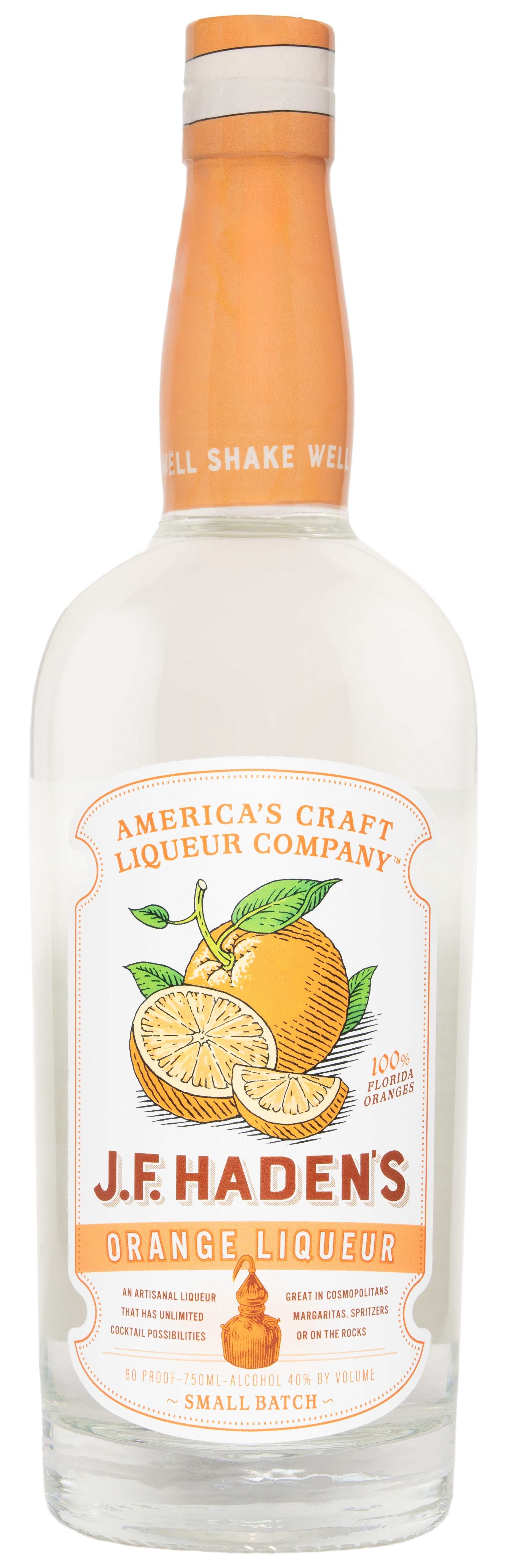 J.F. Haden’s Orange Liqueur bottle with bright citrus design, 80 proof, made from real Florida oranges